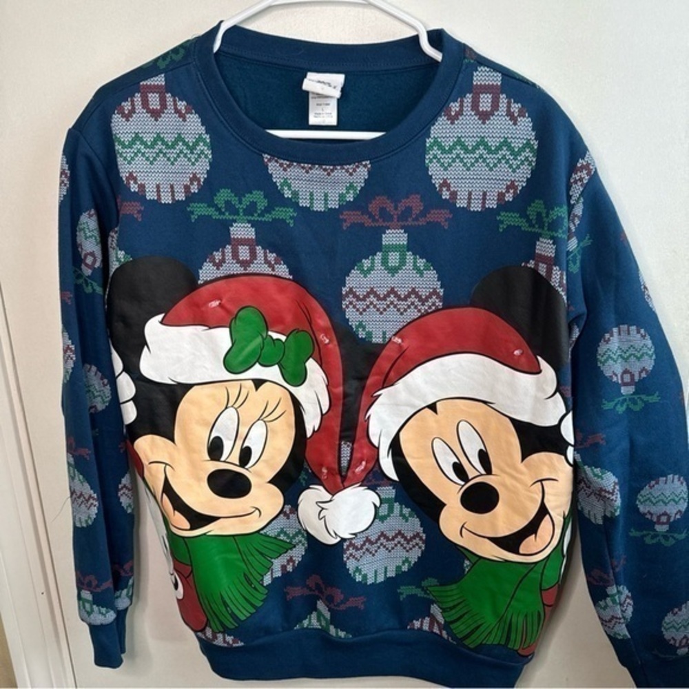 Disney Blue Unisex Mickey & Minnie Light Up Crewneck Pull OverSweater Lg‎